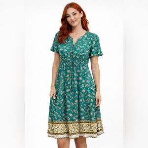 Teal Floral Midi Dress with Drawstring Waist